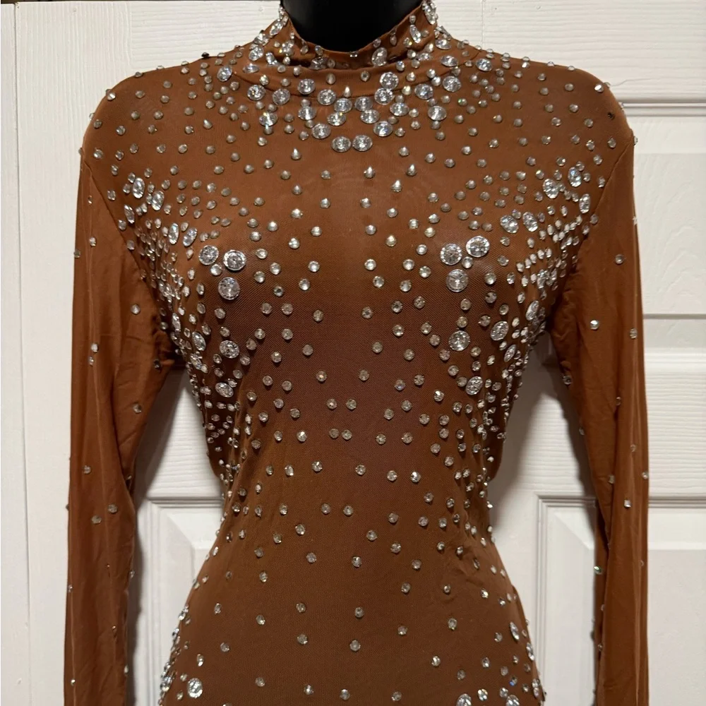 Brown Rhinestone Embellished Mesh Bodysuit Unitard - Picture 1 of 7
